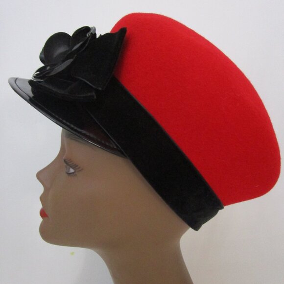 Mushroom Red Wool Visor Brim Cap Hat Patent Leather Brim Flower - Picture 6 of 14